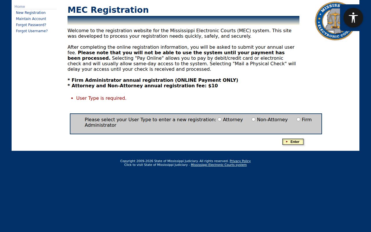 Franklin County case lookup PAMEC registration screen