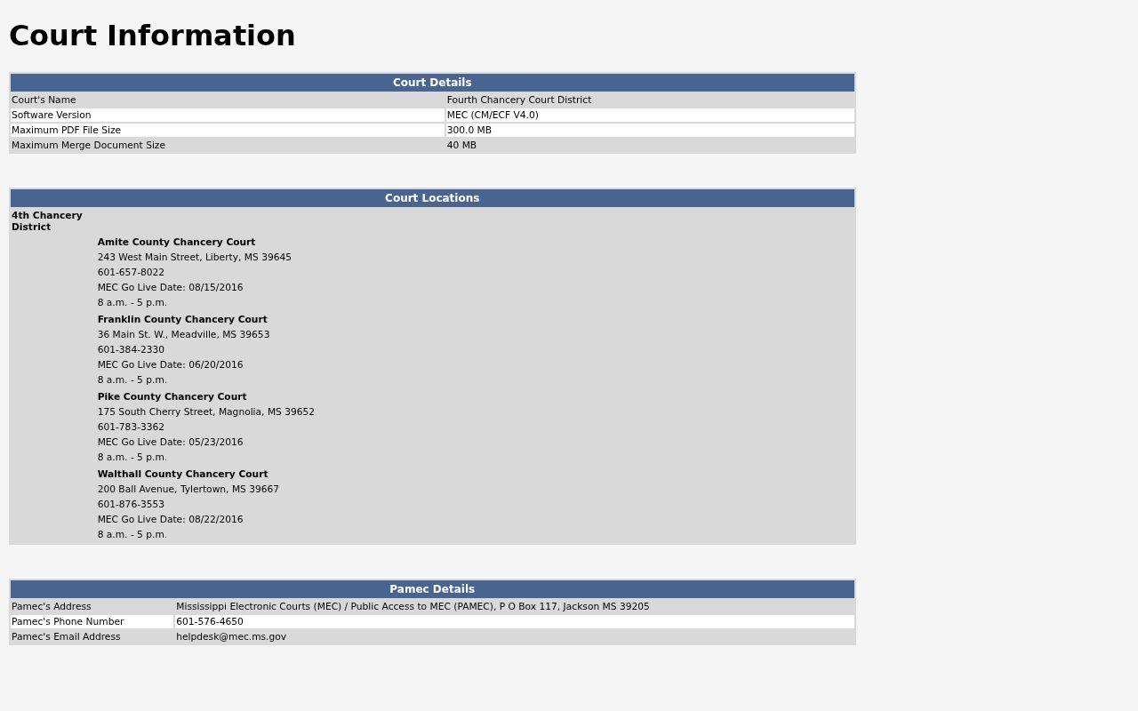 Franklin County civil docket Fourth Chancery MEC court information