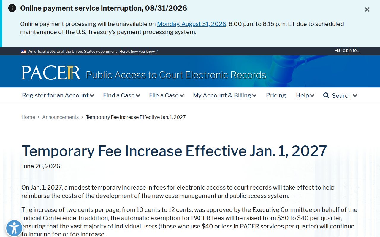 Meadville court record boundary with official PACER fee announcement