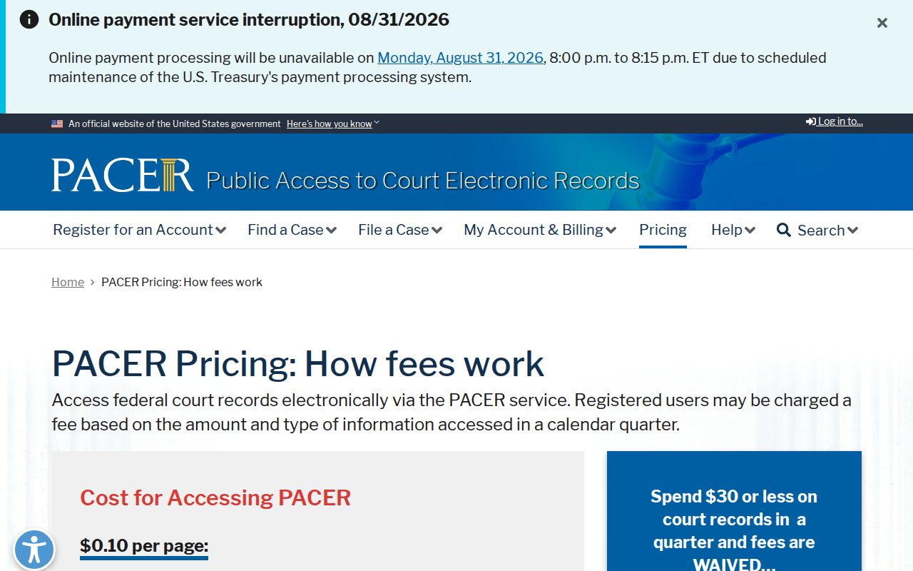 Meadville court record boundary with official PACER pricing information