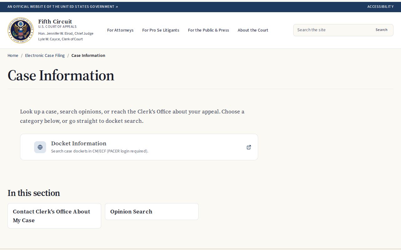 Roxie court record boundary with Fifth Circuit case information routing